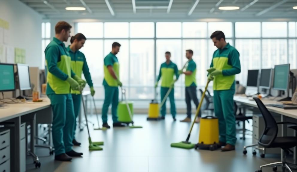 SchoonWerk Solutions cleaning team at work in a bright Rotterdam office