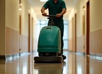 Technician operating floor buffer in hallway