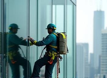 Worker cleaning high-rise office building windows